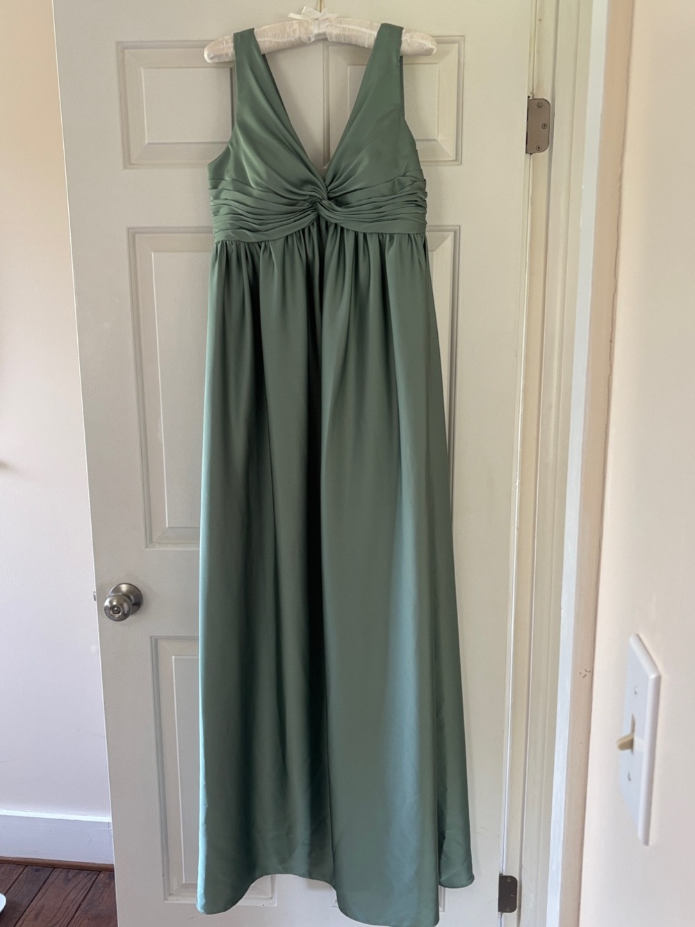 Azazie Yetta Matcha Green Stretch Satin Maxi Dress Size A12